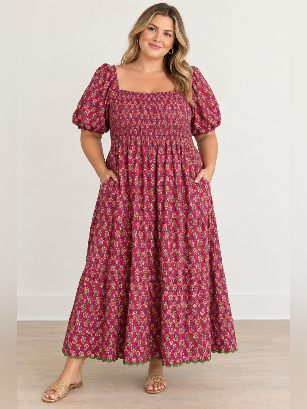 New LEA Smocked Midi Dress Pink Floral Block Print Scalloped Hem Pockets 2X
